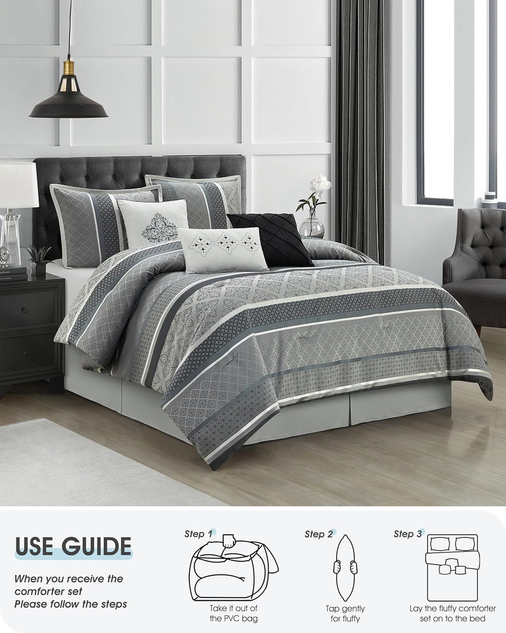 LANCO MODERN LIFESTYLE California King Comforter Set, Black Grey, Luxury Geometric Jacquard, All Seasons, 7 Pieces Bedding Set, Matching Shams, Bedskirt, Decorative Pillows