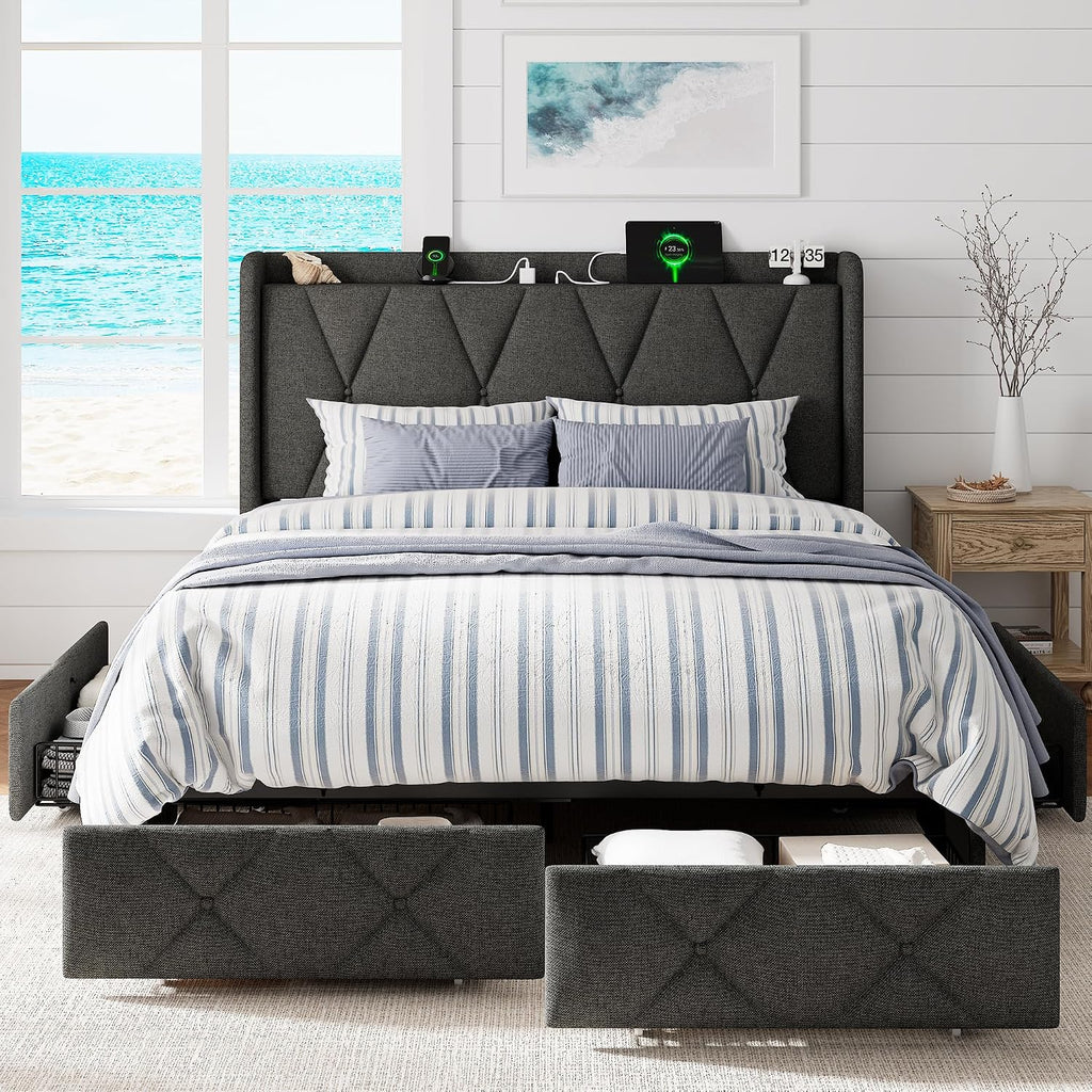 GalnFu Full Size Bed Frame with 4 Storage Drawers, Upholstered Platform Bed with Charging Station, Modern Wingback Storage Headboard, Easy Assembly,Noise-Free, Dark Gray