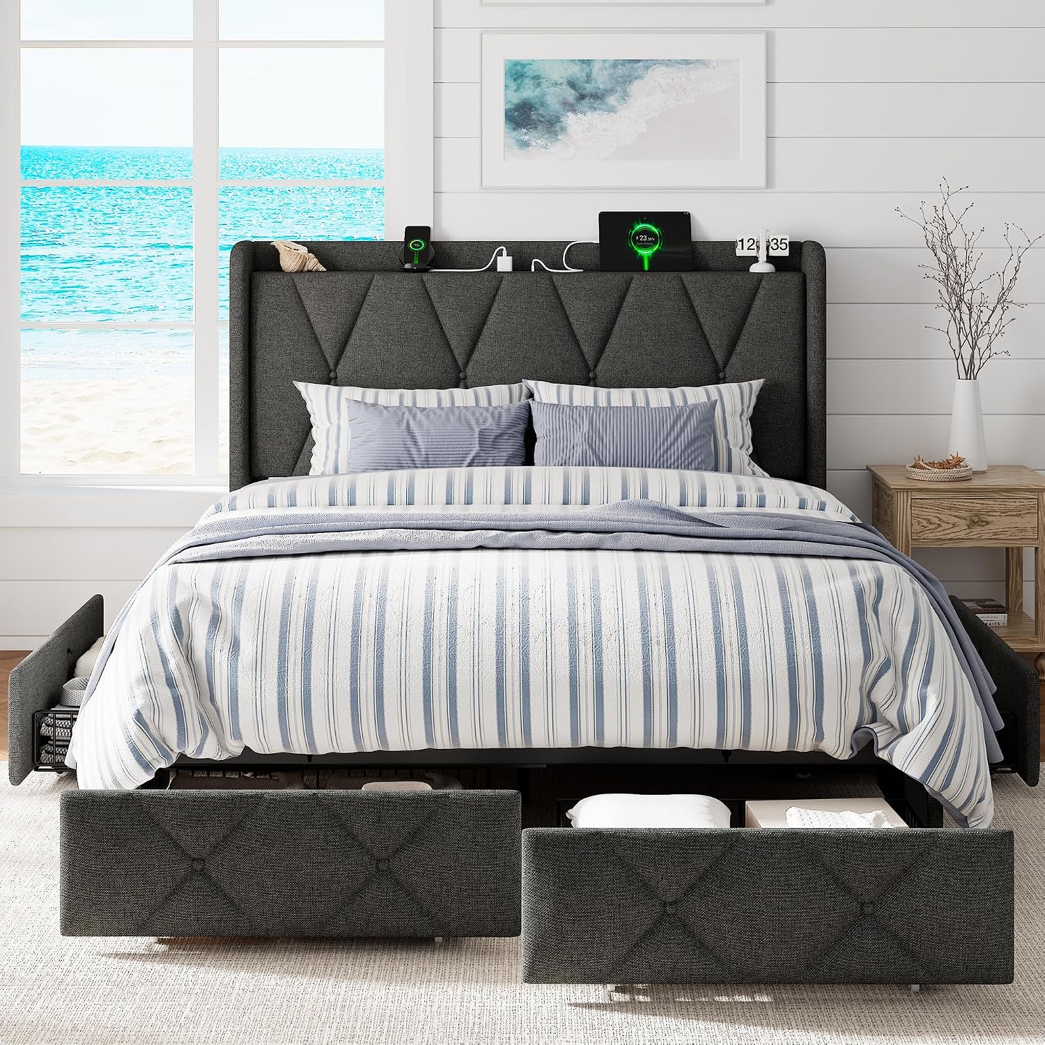 GalnFu Full Size Bed Frame with 4 Storage Drawers, Upholstered Platform Bed with Charging Station, Modern Wingback Storage Headboard, Easy Assembly,Noise-Free, Dark Gray