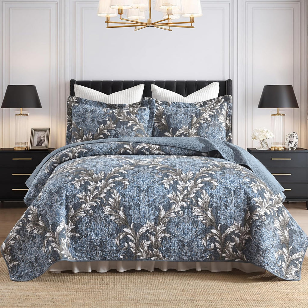 King Size Quilt Set - Blue Gray and White Quilt Set King, 100% Cotton Floral Bedspread Set 3 Piece, Traditional Elegant Lightweight Comforter, Reversible Quilt Bedding Set for All Season