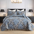King Size Quilt Set - Blue Gray and White Quilt Set King, 100% Cotton Floral Bedspread Set 3 Piece, Traditional Elegant Lightweight Comforter, Reversible Quilt Bedding Set for All Season