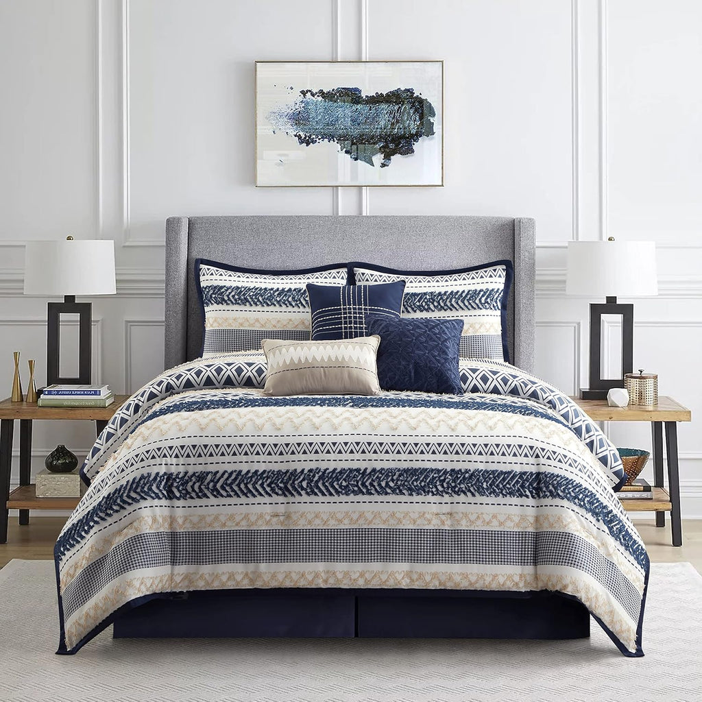 Grand Avenue Navy Striped King Size Comforter Set, 7 Piece, Jacquard & Clip Bedding Sets & Collections, Matching Shams, Bedskirt, Decorative Pillows