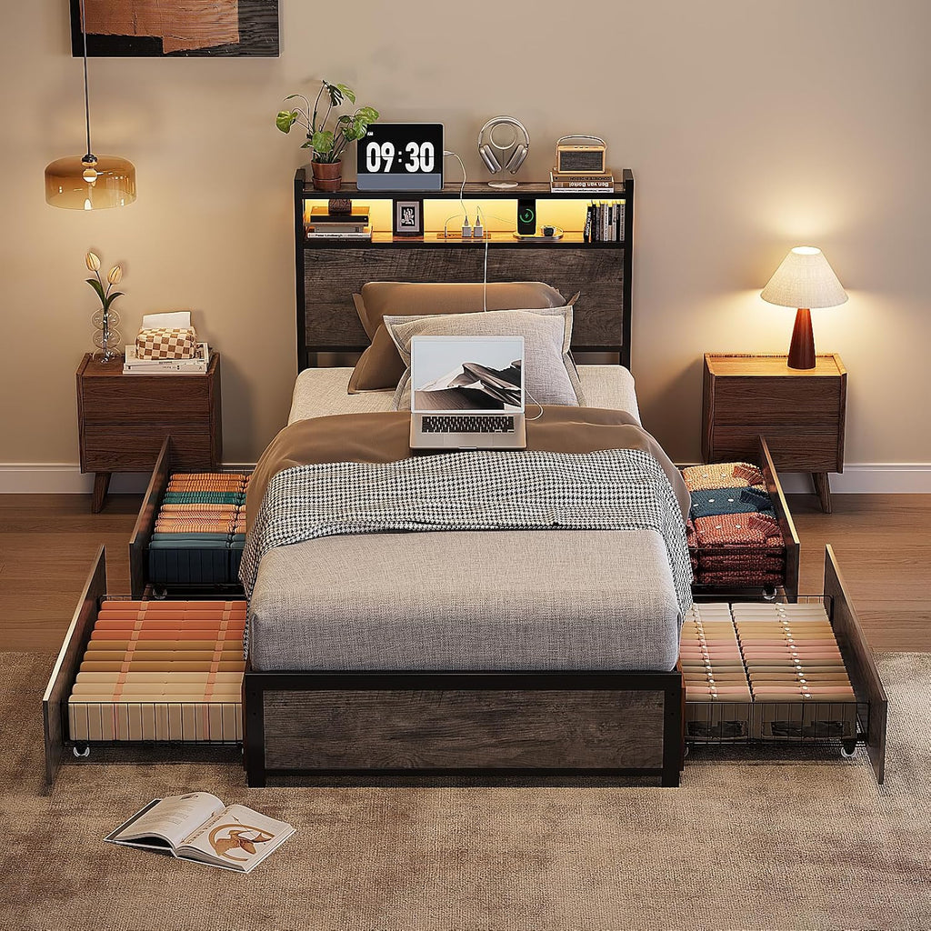 VINGLI Bed Frame Twin Size with 4 Storage Drawers and Headboard, Metal Platform Bed with Charging Station and RGB LED Lights, No Box Spring Needed, Noise Free, Easy Assembly, Wash Grey