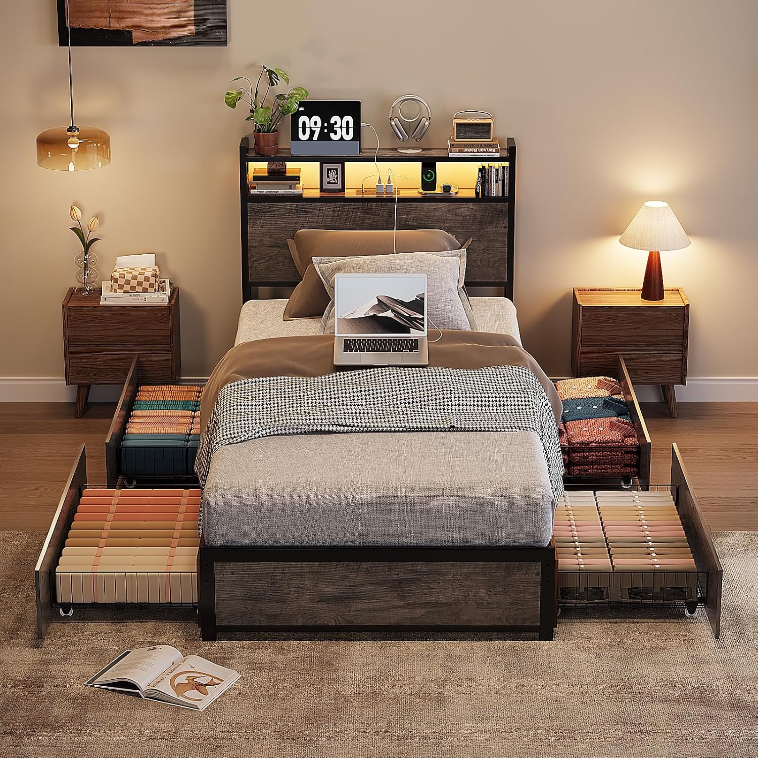 VINGLI Bed Frame Twin Size with 4 Storage Drawers and Headboard, Metal Platform Bed with Charging Station and RGB LED Lights, No Box Spring Needed, Noise Free, Easy Assembly, Wash Grey