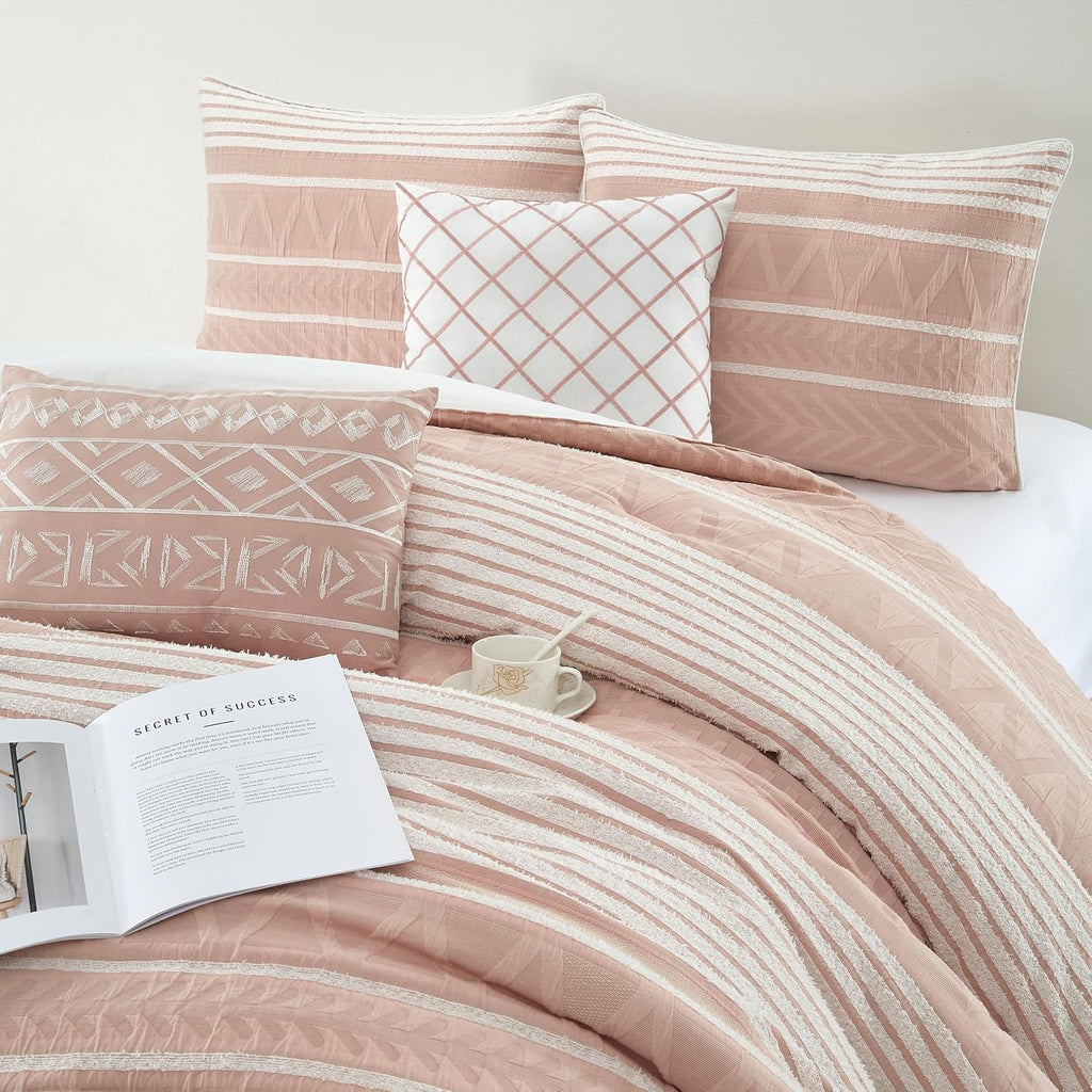 Grand Avenue Cotton King Size Comforter Set, 6 Piece, Blush Geometric Jacquard Bedding Set, Bedskirt, Pillows & Shams, Home Decor