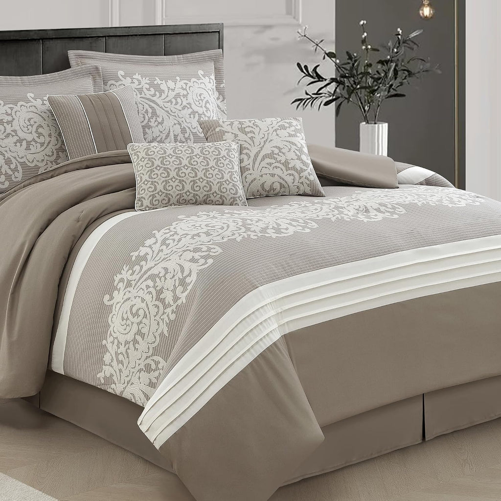 LANCO MODERN LIFESTYLE Taupe Comforter Set, King, Damask Jacquard with Matching Solid Piece Work, 7 Piece Soft Bedding Set for All Season, Bed Skirt, Pillow Shams and Decorative Pillows
