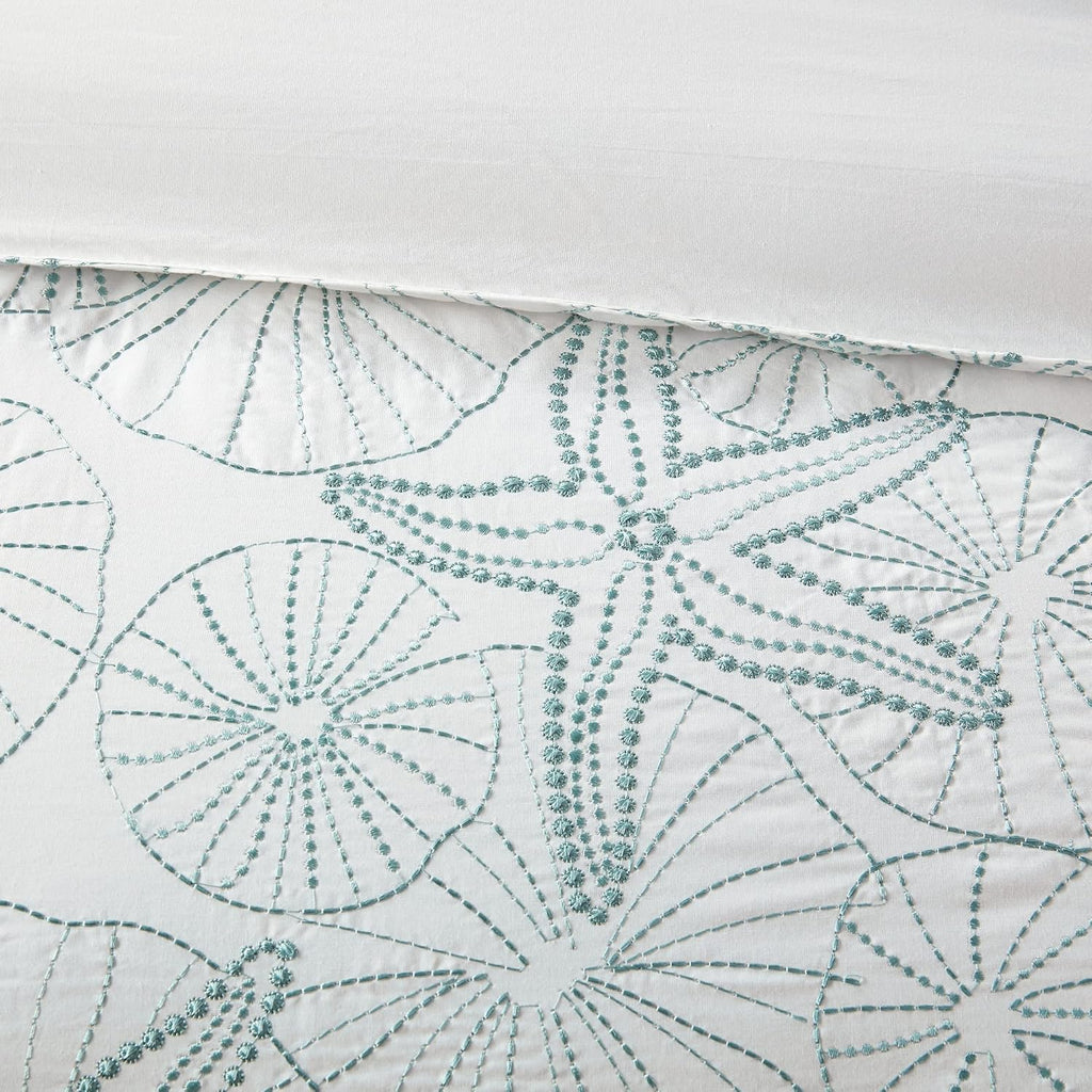 Harbor House 100% Cotton Duvet Cover, Embroidered Coastal Seashells, Starfish Duvet Cover Set – Light Weight Bed Comforter Covers, Maya Bay White Blue Full/Queen (90'x90') 3 Piece