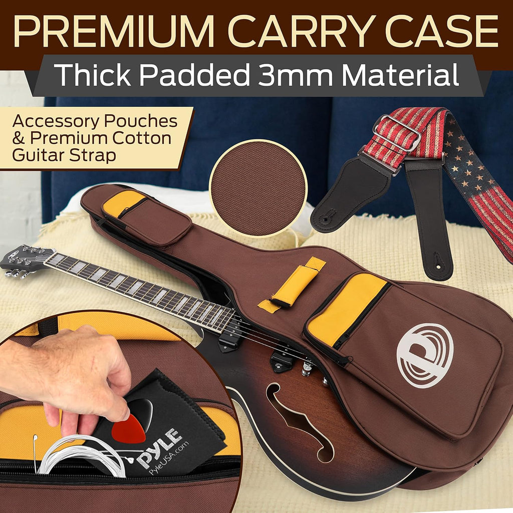 Pyle Semi Hollow Body Electric Guitar Set, 41.8' Full Size Jazz Instrument Kit with Gig Bag and Accessories, Matte Sunburst