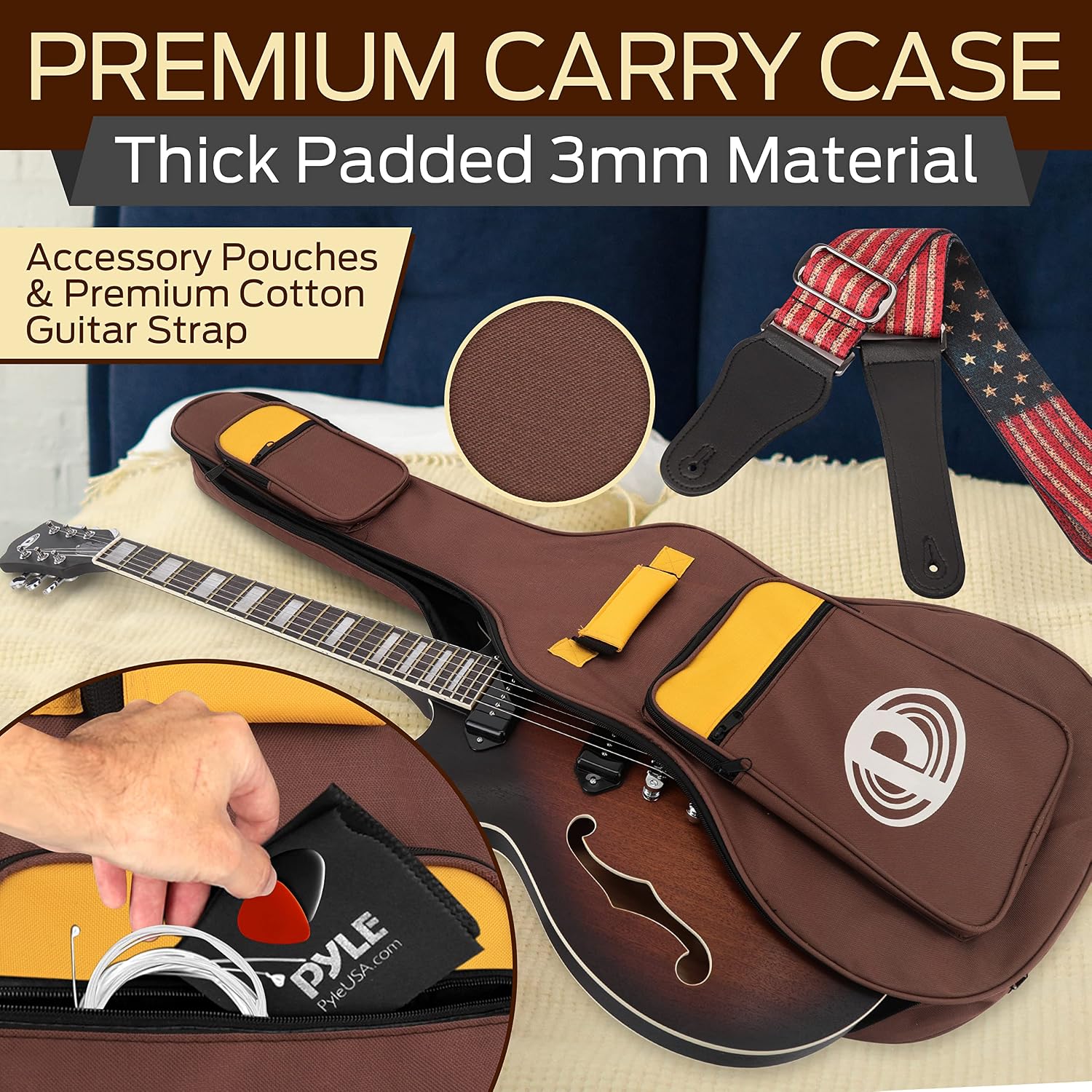 Pyle Semi Hollow Body Electric Guitar Set, 41.8' Full Size Jazz Instrument Kit with Gig Bag and Accessories, Matte Sunburst