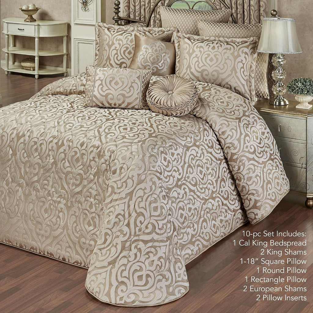 Davenport Luxury Bedding | Neutral Jacquard-Woven Puffed Scrollwork | 10 Pc Set includes Cal King Bedspread, 2 King Shams, 2 European Shams, 2 Euro Pillow Inserts, and 3 Decorative Reversible Pillows