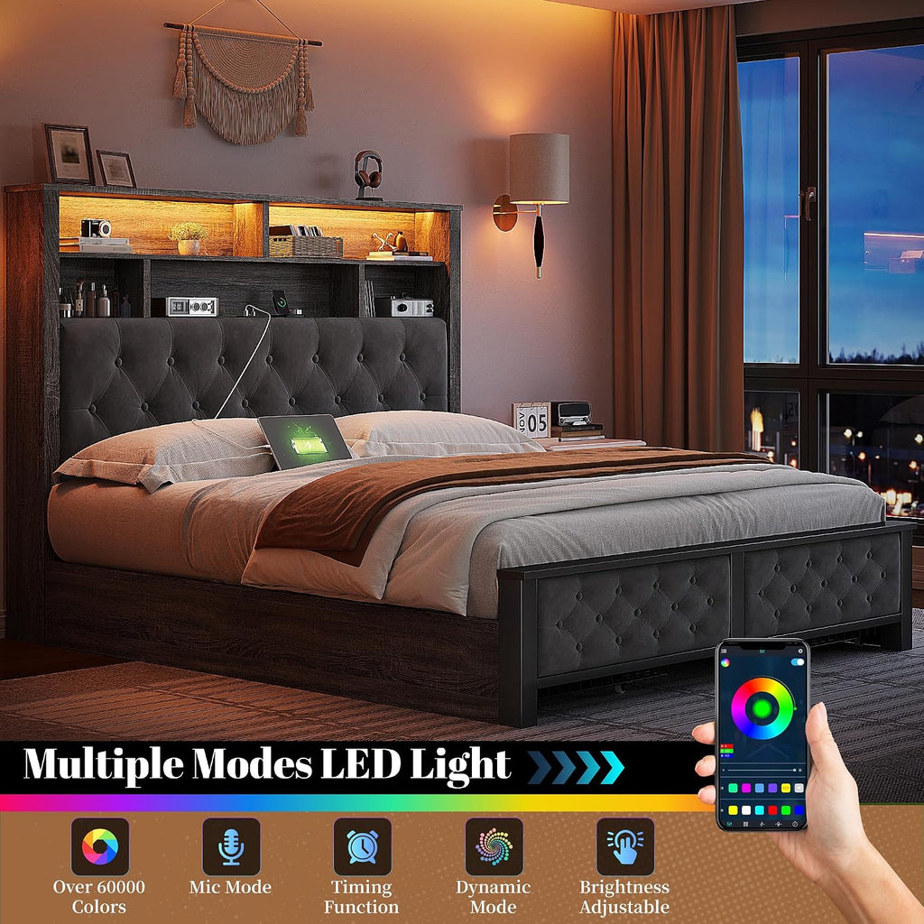 EnHomee Full Size Bed Frame with 4 Storage Drawers and Headboard Upholstered,Wooden Full Bed Frame with Charging Station and LED Light,NO Noise,No Box Spring Needed,Dark Gray