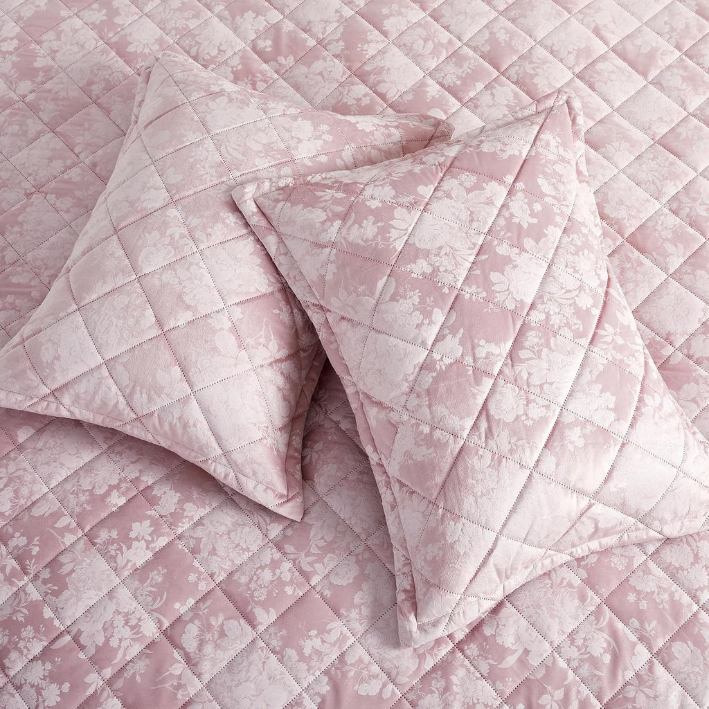IR Imperial Rooms Velvet King Quilt Size Comforter Bedding Set 3 Pcs - (106'x96') Bedspread Coverlet + 2 Pillow Shams All-Season Quilt Lightweight Diamond Pattern (Baby Pink)