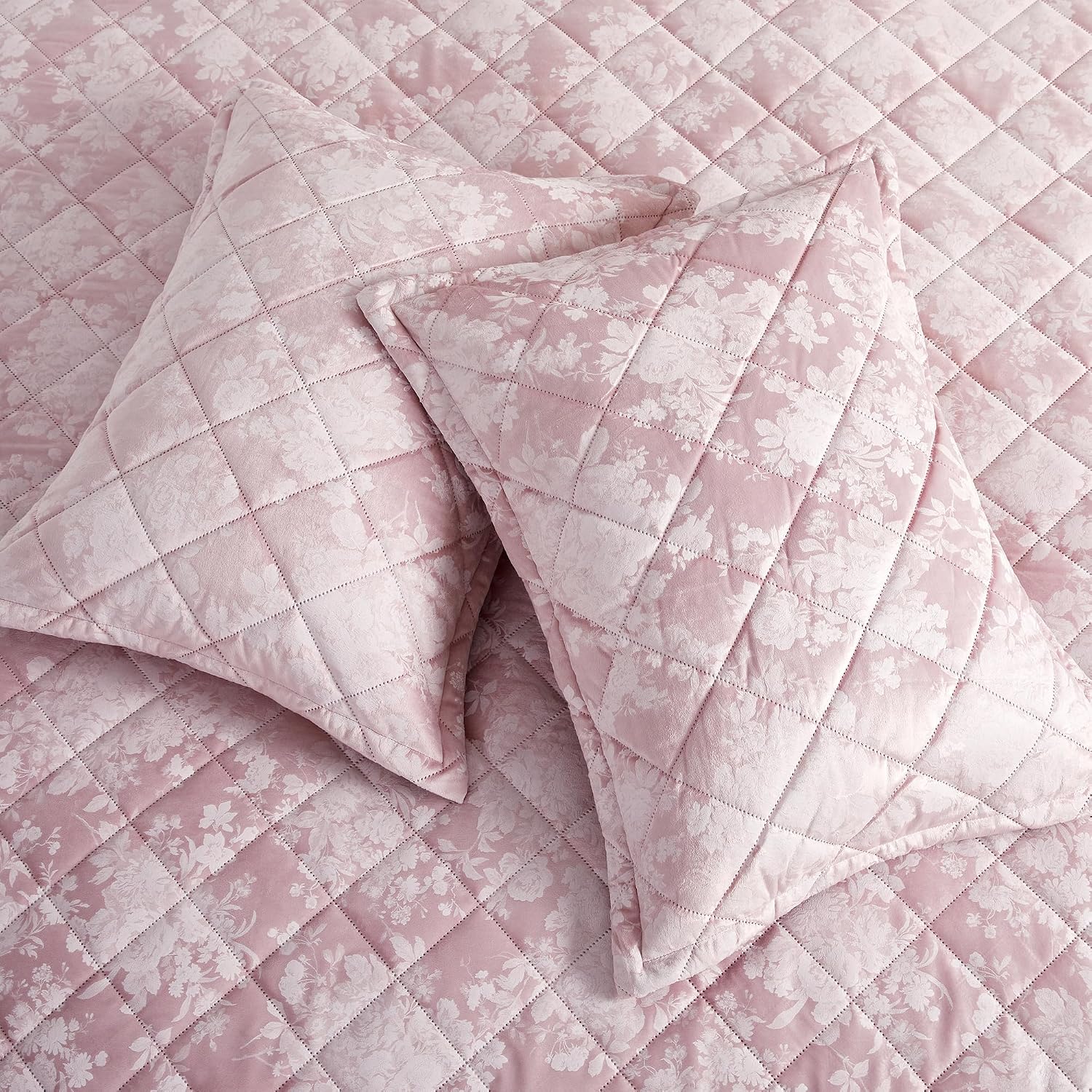 IR Imperial Rooms Velvet King Quilt Size Comforter Bedding Set 3 Pcs - (106'x96') Bedspread Coverlet + 2 Pillow Shams All-Season Quilt Lightweight Diamond Pattern (Baby Pink)