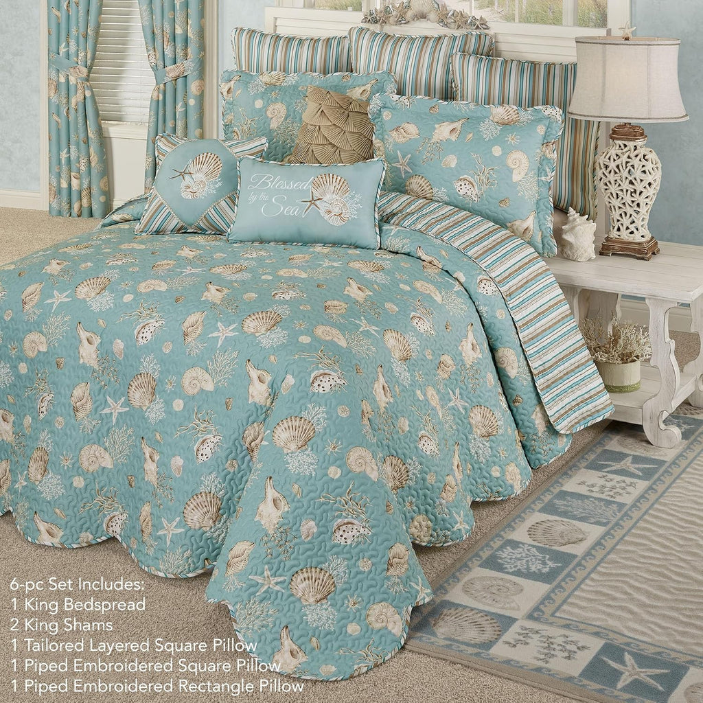 Touch of Class Seabreeze Coastal Beach Bedding | All Season Quilted | Shell Starfish Coral Stripe | Aqua Teal Ivory Cream | 6 Pc Set: King Bedspread, 2 King Shams, 3 Decorative Pillows