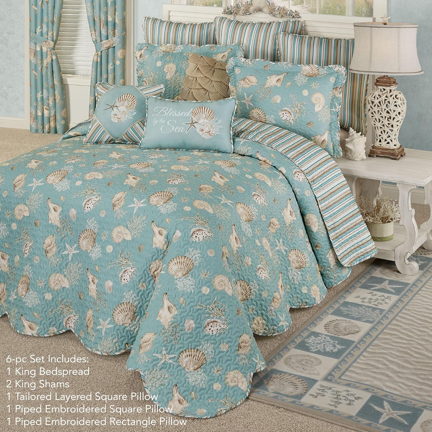 Touch of Class Seabreeze Coastal Beach Bedding | All Season Quilted | Shell Starfish Coral Stripe | Aqua Teal Ivory Cream | 6 Pc Set: King Bedspread, 2 King Shams, 3 Decorative Pillows