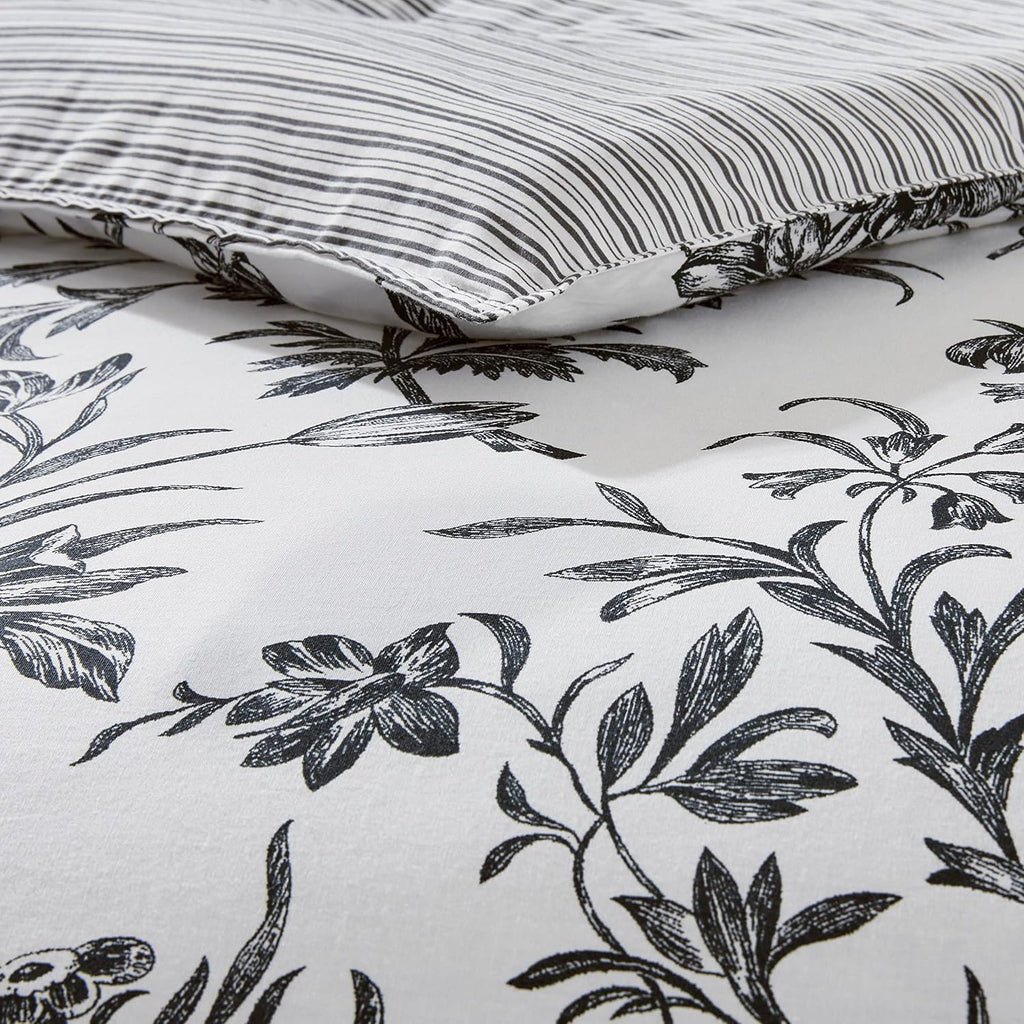 Laura Ashley - King Comforter Set, Reversible Cotton Bedding, Includes Matching Shams with Bonus Euro Shams & Throw Pillows (Amberley Black/White, King)