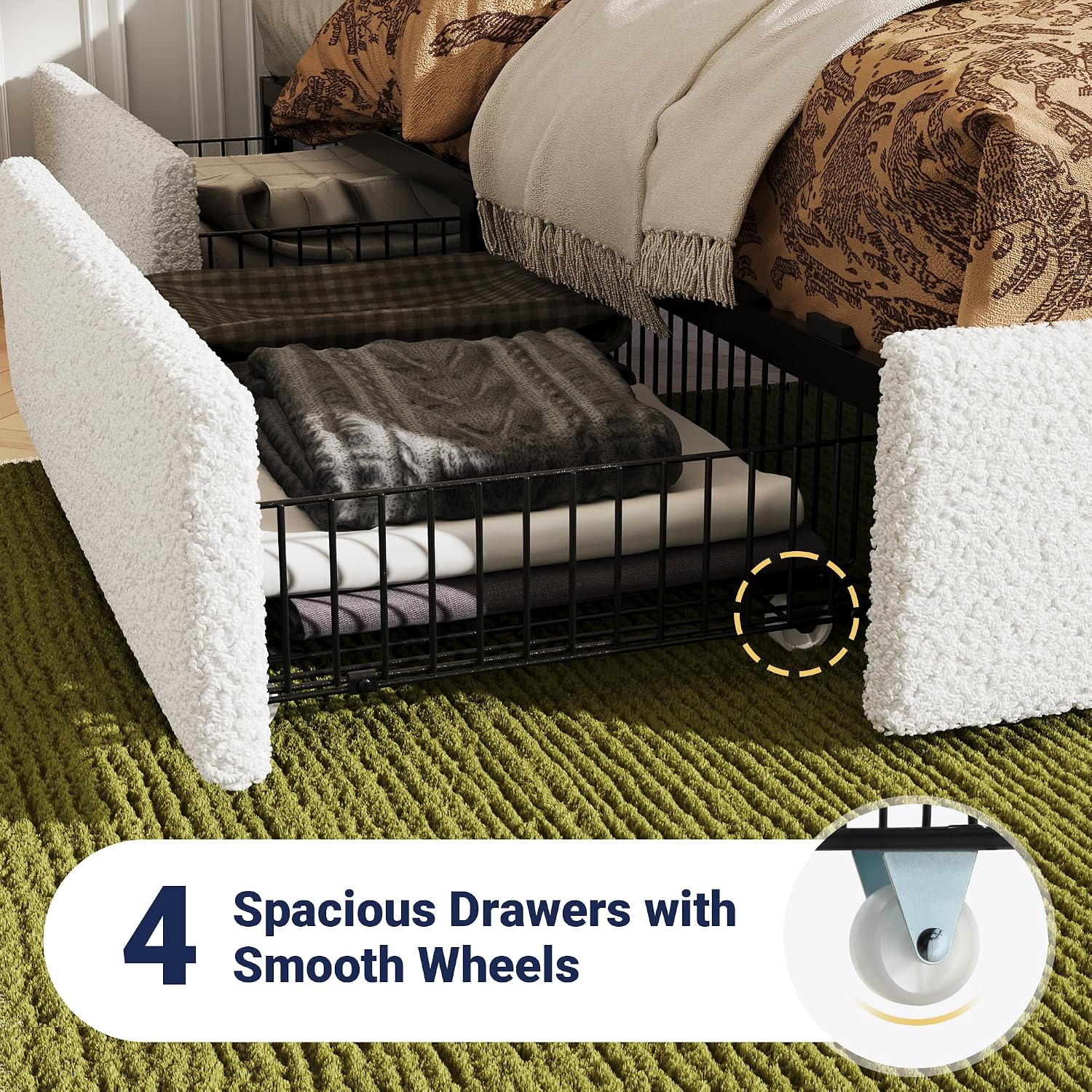 Allewie Full Size Bed Frame with 4 Oversized Storage Drawers, Soft Teddy Fabric, Boucle Upholstered Platform Bed, Wooden Slats Support, Noise-Free, No Box Spring Needed, Easy Assembly, White
