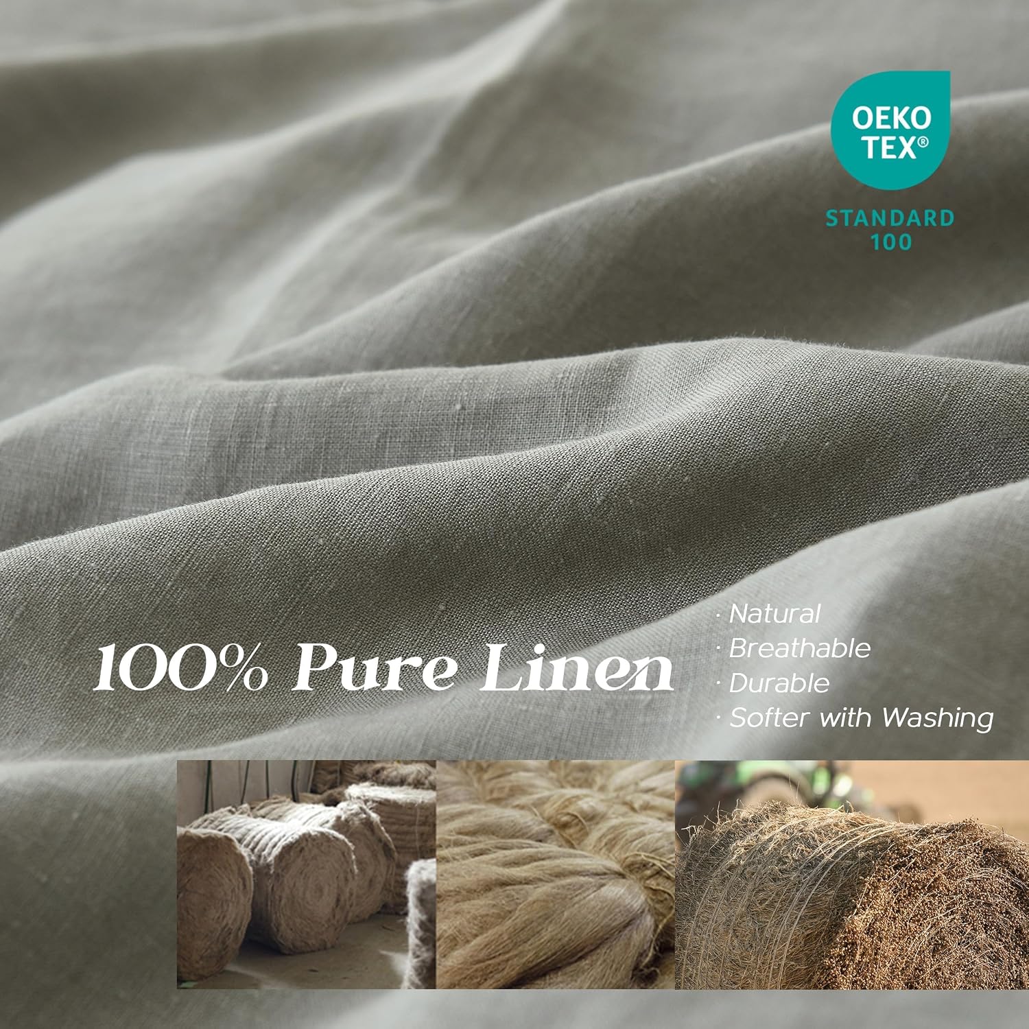 Simple&Opulence 100% Linen Duvet Cover Set, 3 PCS Natural French Flax Dove Grey Duvet Cover Queen Size, Breathable Soft Comfy Linen Bedding Comforter Cover with 2 Pillowcases(Dove Grey, 88'x92')