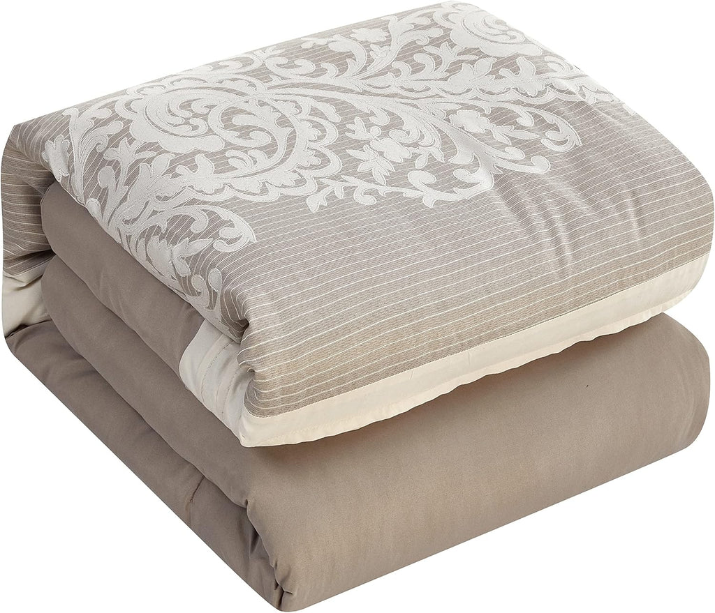 Grand Avenue Taupe Comforter Set Queen Size, 7 Piece, Bedding Comforters & Sets, Pillow Shams Bedskirt, Jacquard Floral Beddings