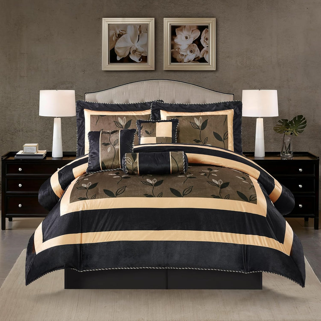 Stratford Park Elegant Leaves 7-Piece Comforter Bedding Set, Bronze, Full Size, Short Plush Print Comforter Set, All Season Bedding Set