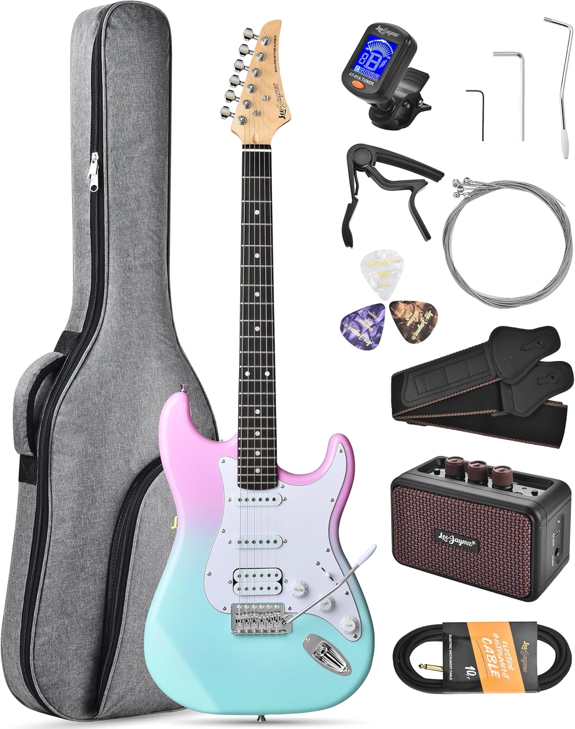 Leo Jaymz Beginner Electric Guitar 39' Kit with Portable Amplifier, Padded Gig Bag, Digital Tuner，Capo，Strap，Picks，HSS Pickups (Pink-Cyan Fade-HSS)