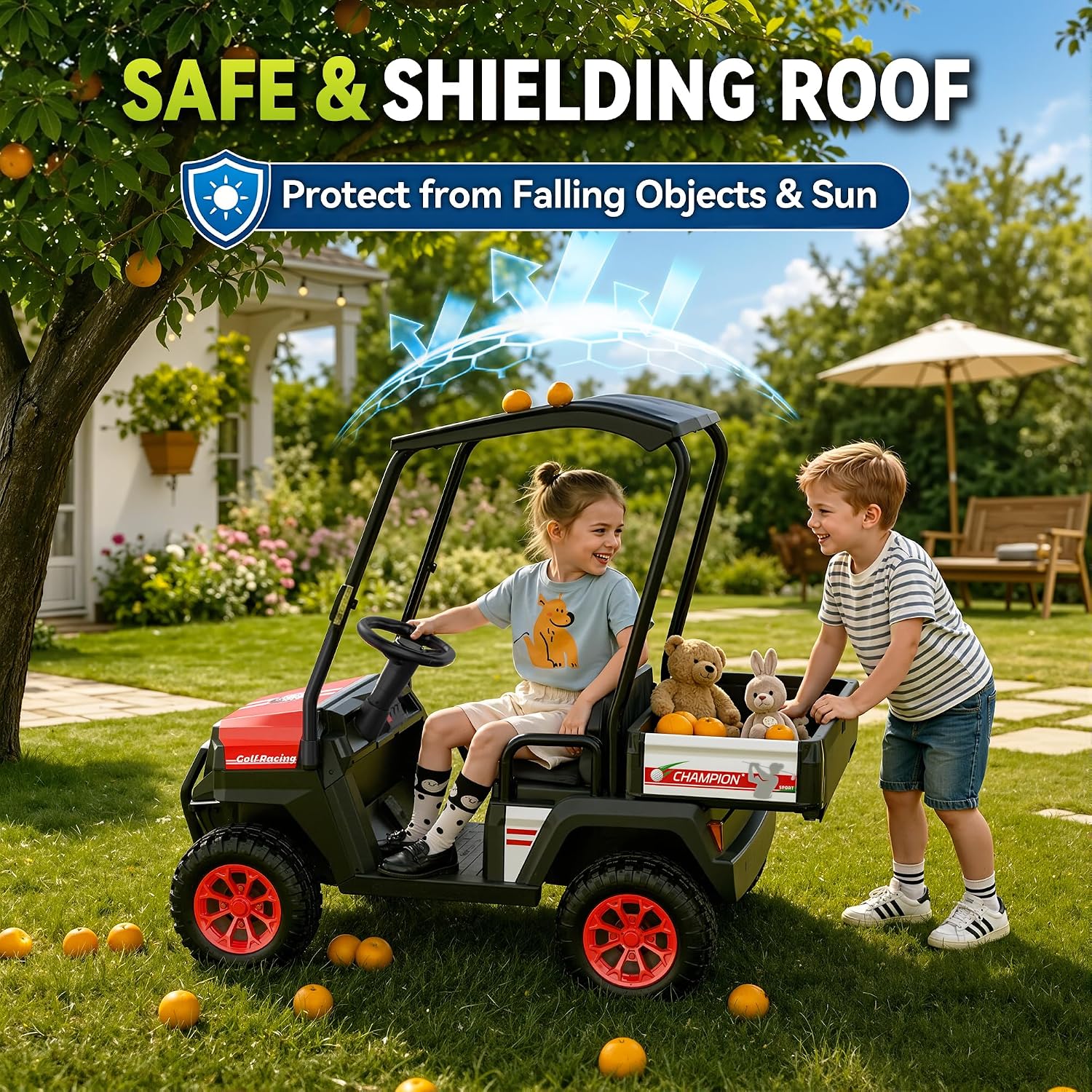 24V Kids Golf Cart w/Detachable Awning–4WD 2 Seater Ride on Car w/Large Storage Trunk, Remote Control, 3 Speeds, Music Player, LED Lights, Ride On Toys, Gift for Kids Ages 3-8(Red)