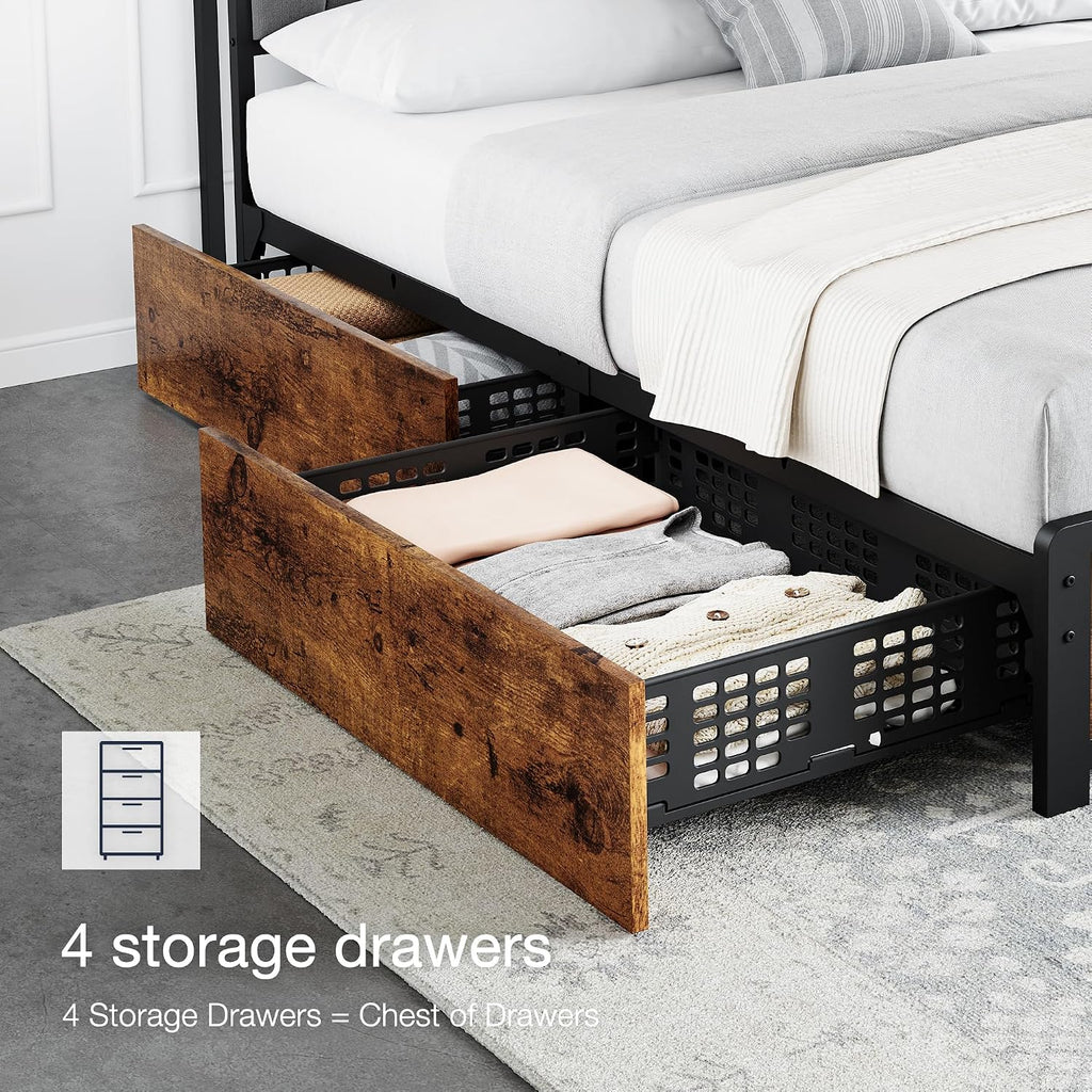 GAOMON Full Size Bed Frame with 4 Storage Drawers and Linen Upholstered Headboard, Full Platform Bed Frame with Charging Station, No Box Spring Needed, Easy Assembly, Vintage Brown