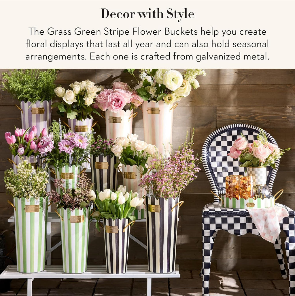 MACKENZIE-CHILDS Set of 3 Galvanized Flower Buckets, Decorative Metal Buckets, Green-and-White Grass Green Stripe