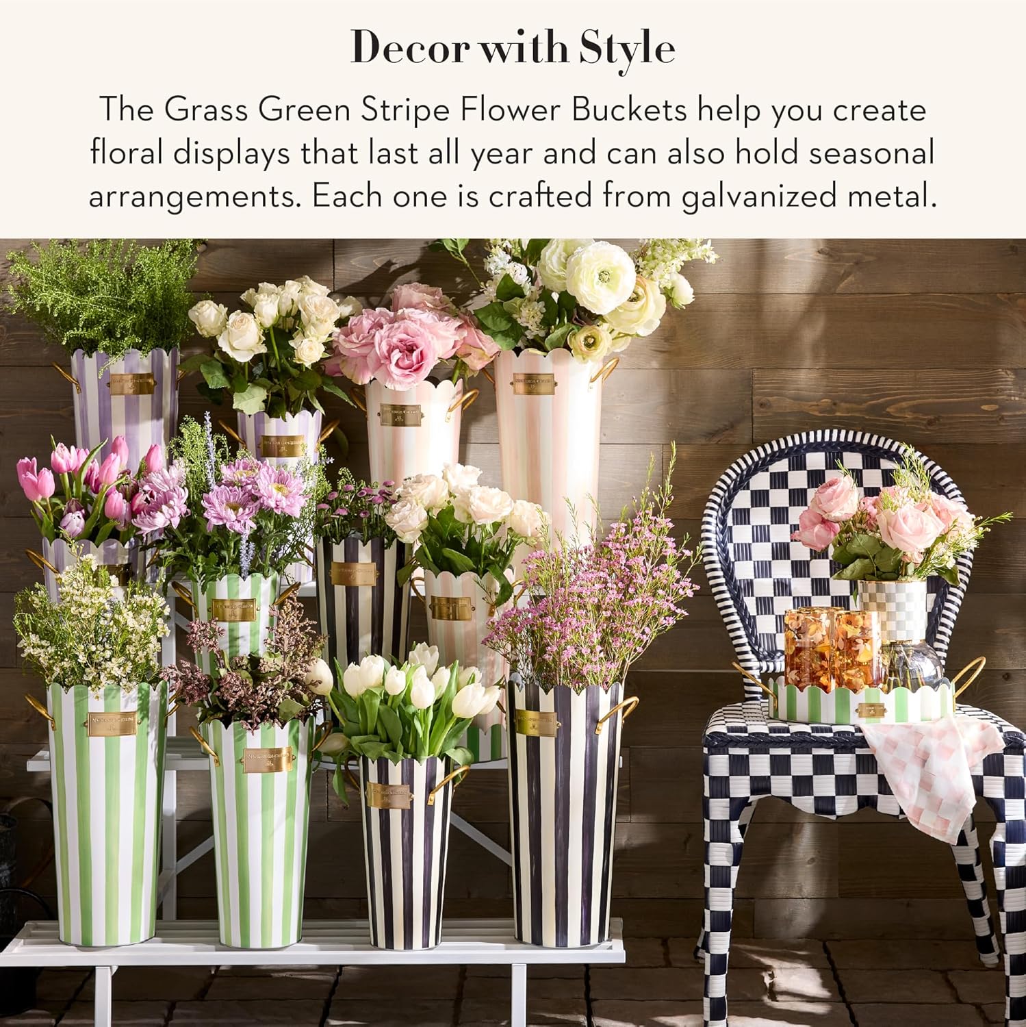 MACKENZIE-CHILDS Set of 3 Galvanized Flower Buckets, Decorative Metal Buckets, Green-and-White Grass Green Stripe