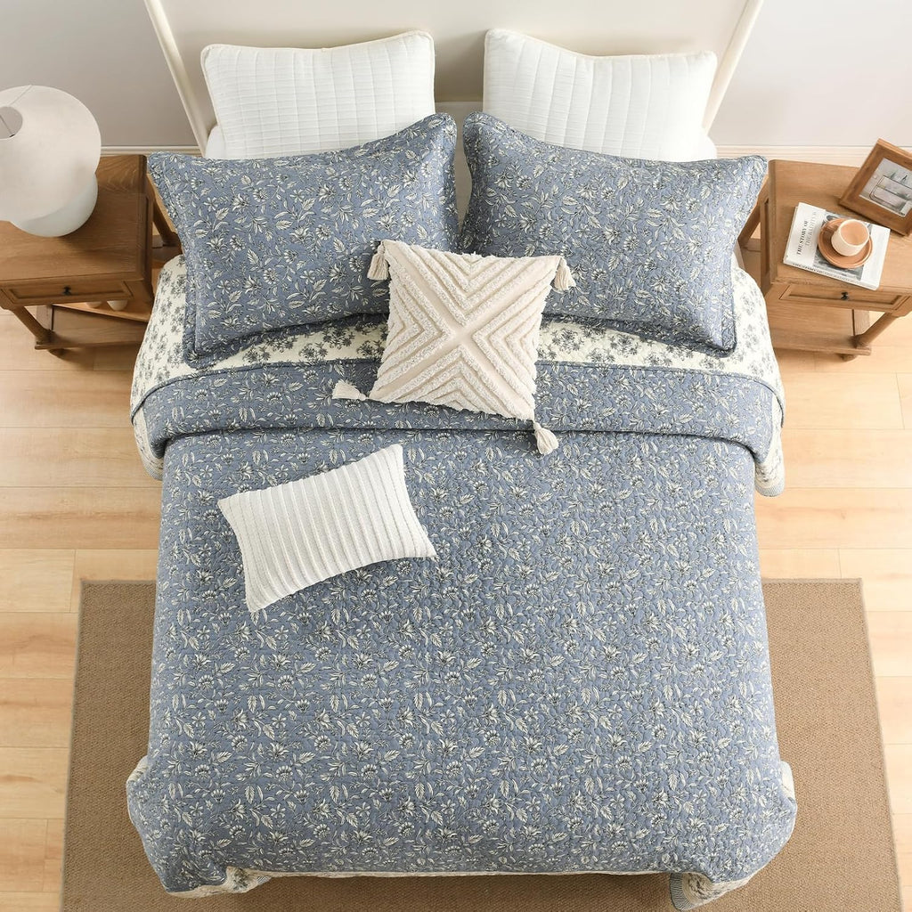 Floral Bedspread 128'x120' California King Bedspread, 100% Cotton XL Oversized King Quilt with 2 Pillowshams, Lightweight Botanical Quilted Bedspreads Coverlet Set, Blue/Gray/Beige, 3 Pcs