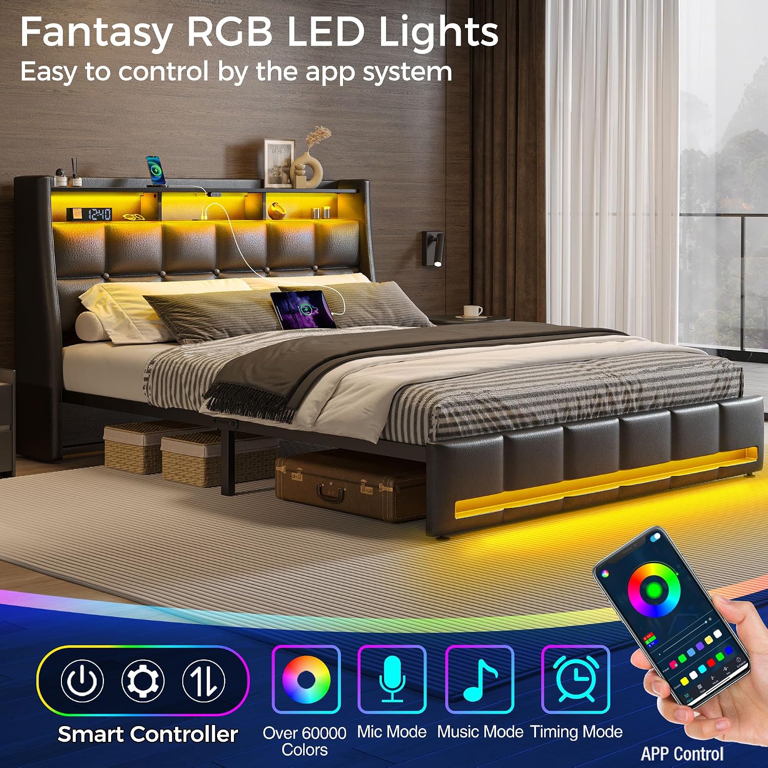 Rolanstar Full Size Bed Frame with LED Lights and Charging Station, Upholstered Headboard with 2-Tier Storage Shelves, Heavy Duty Metal Frame, Noise-Free Support, Easy Assembly, No Box Spring Needed