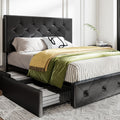 MUTICOR Full Size Bed Frame with 4 Storage Drawers, Upholstered Platform Bed with Button Tufted Adjustable Headboard, No Box Spring Needed, Easy Assembly, Diamond Tufted, Black Leather