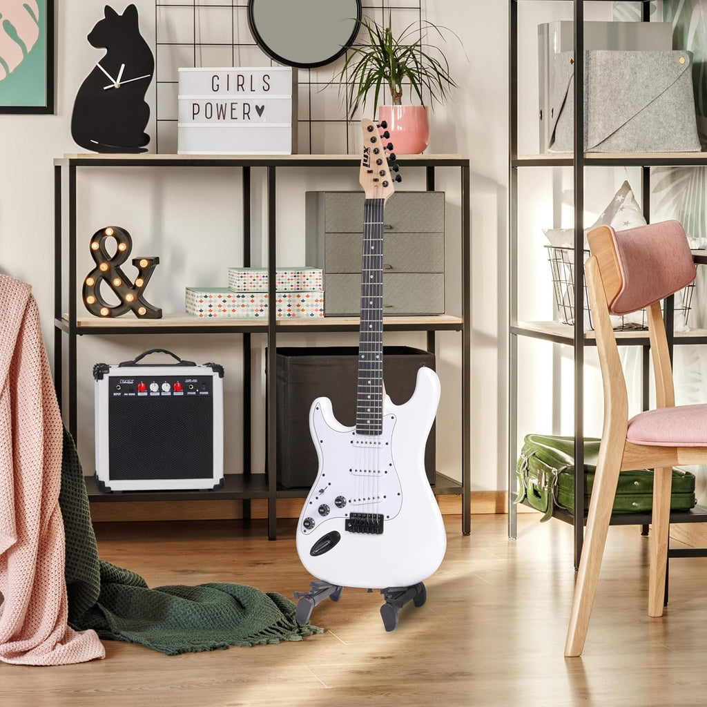 LyxPro Left Hand 39 Inch Electric Guitar and Starter Kit for Lefty Full Size Beginner's Guitar, Amp, Six Strings, Two Picks, Shoulder Strap, Digital Clip On Tuner, Guitar Cable and Soft Case - White