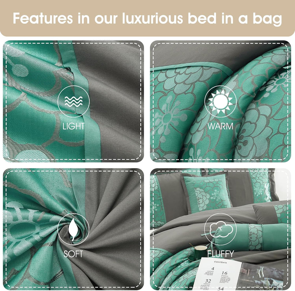 Grand Avenue Aqua Grey Comforter Set King Size, 7 Piece Jacquard Soft Bedding Set, All Season, Bedskirt, Pillows & Shams