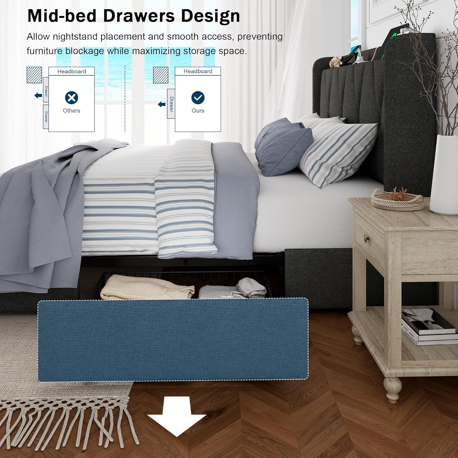 GalnFu Full Size Bed Frame with 4 Storage Drawers, Upholstered Platform Bed with Charging Station, Modern Wingback Storage Headboard, Easy Assembly,Noise-Free, Dark Gray