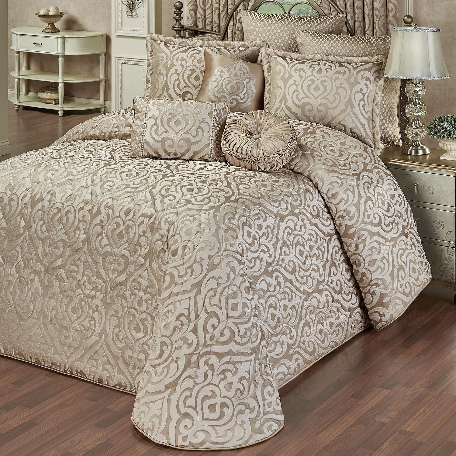Davenport Luxury Bedding | Neutral Jacquard-Woven Puffed Scrollwork | 10 Pc Set includes Cal King Bedspread, 2 King Shams, 2 European Shams, 2 Euro Pillow Inserts, and 3 Decorative Reversible Pillows
