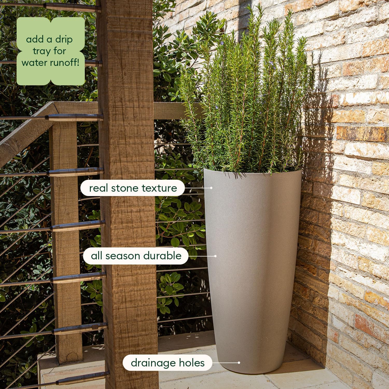 Veradek Mason Series Vega Planter - Round Tall Planter for Indoor or Outdoor Porch/Patio | Made from Plastic-Stone Composite with Drainage Holes | Modern Décor for, Flowers, Interior Plants