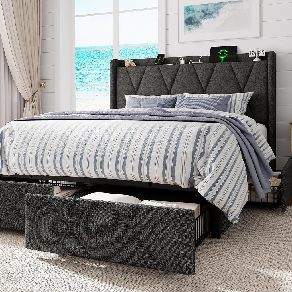 GalnFu Full Size Bed Frame with 4 Storage Drawers, Upholstered Platform Bed with Charging Station, Modern Wingback Storage Headboard, Easy Assembly,Noise-Free, Dark Gray