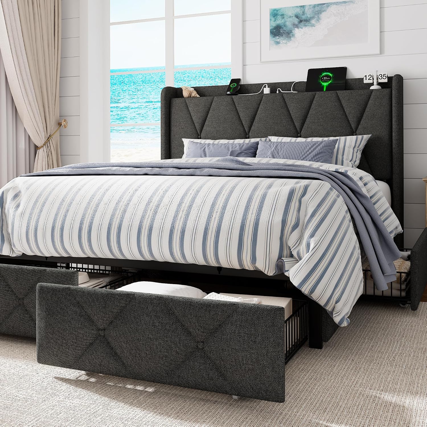 GalnFu Full Size Bed Frame with 4 Storage Drawers, Upholstered Platform Bed with Charging Station, Modern Wingback Storage Headboard, Easy Assembly,Noise-Free, Dark Gray