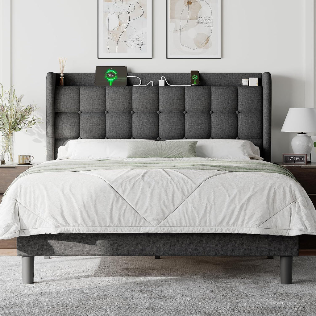 Feonase Full Bed Frame with Charging Station, Upholstered Platform Bed Frame with Wingback Storage Headboard, No Box Spring Needed, Easy Assembly, Dark Gray