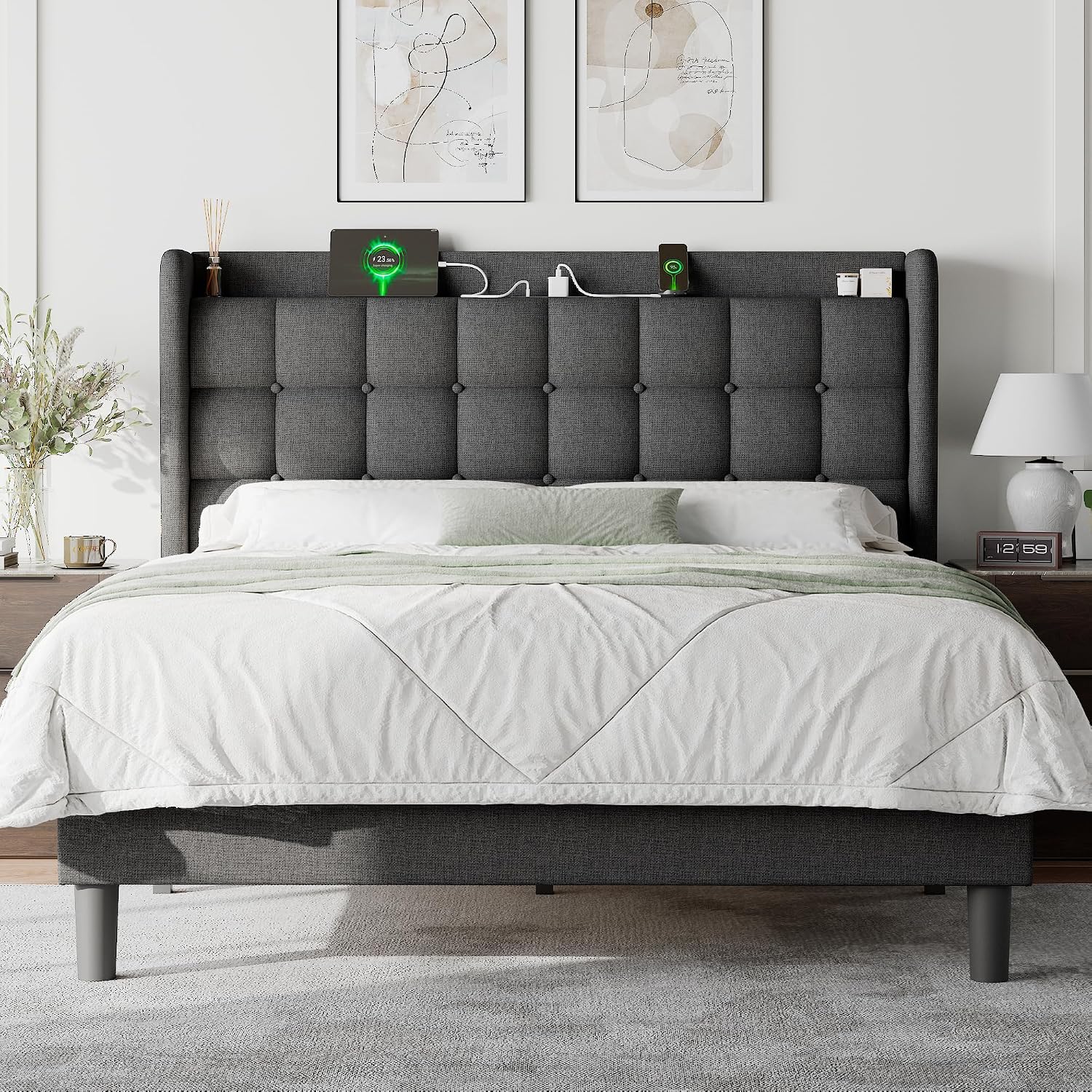 Feonase Full Bed Frame with Charging Station, Upholstered Platform Bed Frame with Wingback Storage Headboard, No Box Spring Needed, Easy Assembly, Dark Gray