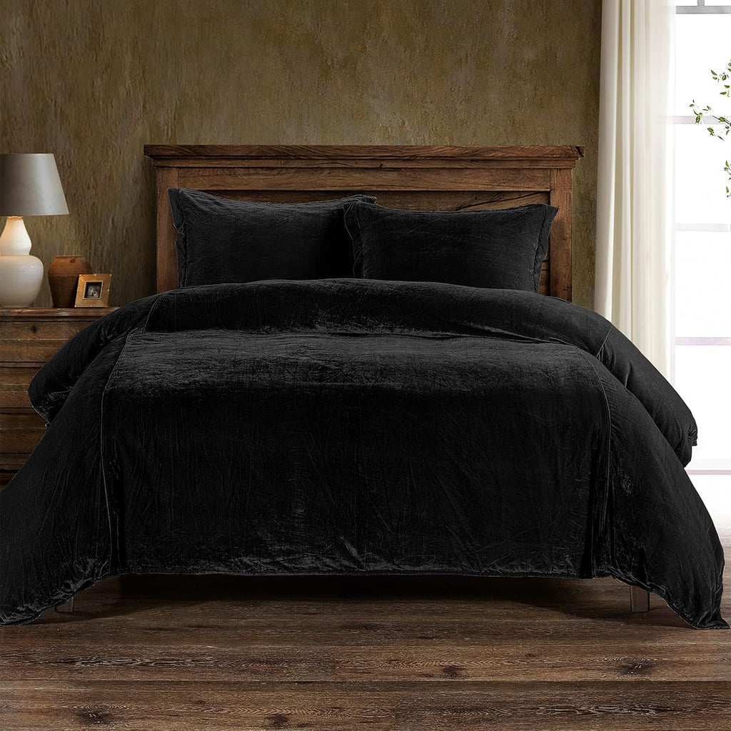 HiEnd Accents Stella Faux Silk Velvet 3 Piece Duvet Cover Set with 2 Pillow Shams, King, Black, Romantic Western Modern Traditional Style Luxury Bedding, 1 Comforter Cover and 2 Pillow Cases