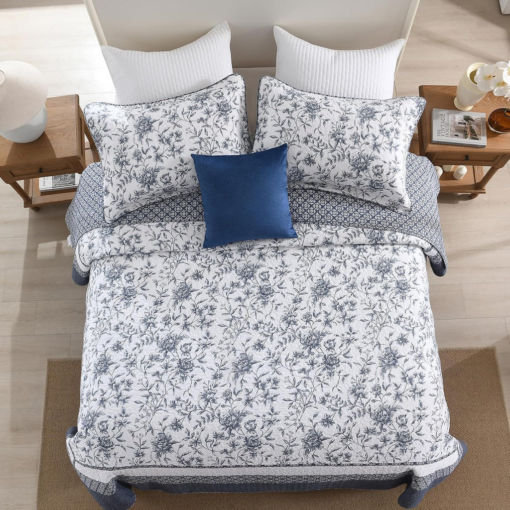Floral Bedspread 102'x120' Oversized Queen Bedspread, 100% Cotton Oversized Queen Quilt with 2 Pillow Shams, Lightweight Garden Quilted Bedspreads Coverlet Sets, Blue/White, 3 Pcs