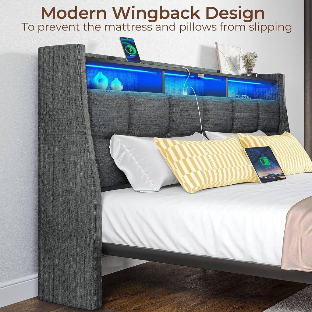 Rolanstar Full Size Bed Frame with LED Lights and Charging Station, Upholstered Headboard with 2-Tier Storage Shelves, Heavy Duty Metal Frame, Noise-Free Support, Easy Assembly, No Box Spring Needed