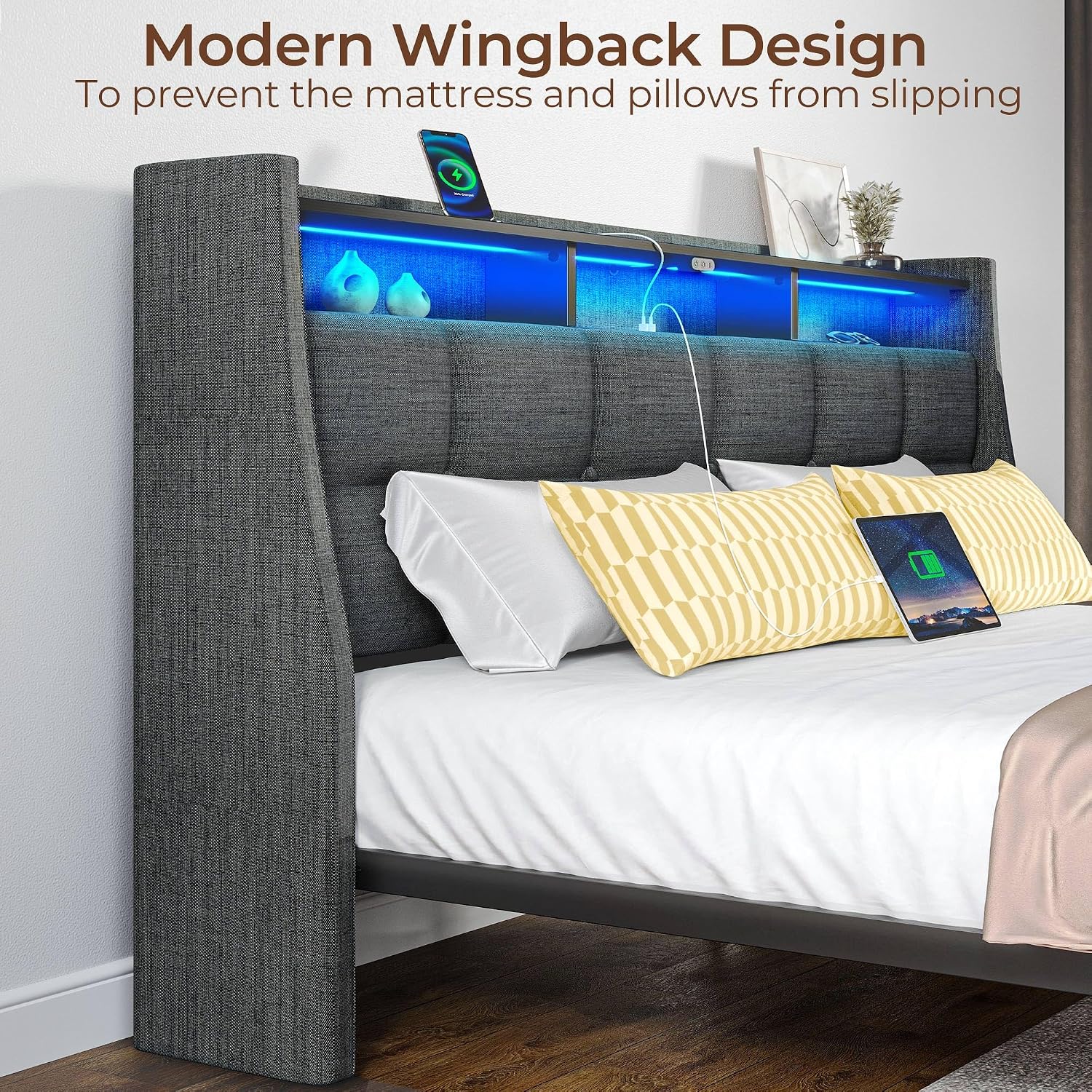 Rolanstar Full Size Bed Frame with LED Lights and Charging Station, Upholstered Headboard with 2-Tier Storage Shelves, Heavy Duty Metal Frame, Noise-Free Support, Easy Assembly, No Box Spring Needed