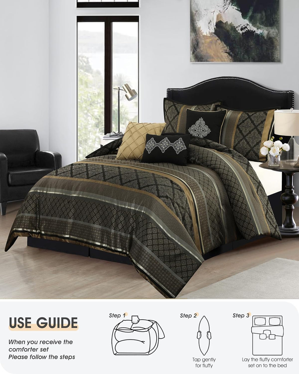 LANCO MODERN LIFESTYLE California King Comforter Set, Black Gold, Luxury Geometric Jacquard, All Seasons, 7 Pieces Bedding Set, Matching Shams, Bedskirt, Decorative Pillows