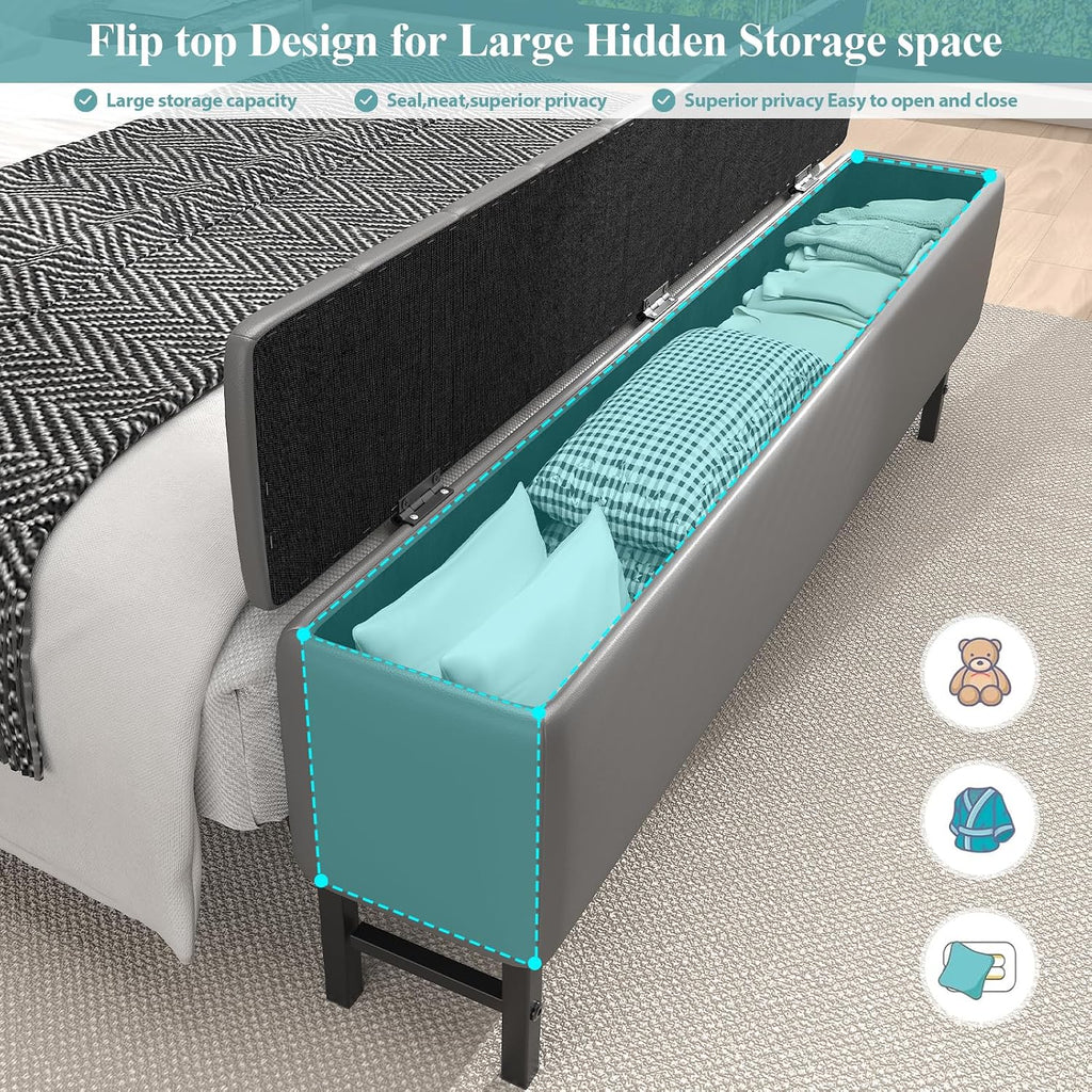 Queen Size Bed Frame with Star Projector & Charging Station, PU Leather Upholstered Platform with 2-Tier Storage Headboard & Storage Ottoman, Metal Support, Noise-Free, No Box Spring Needed, Grey