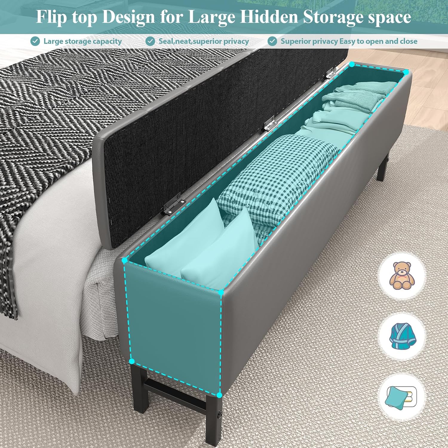Full Size Bed Frame with Star Projector & Charging Station, PU Leather Upholstered Platform with 2-Tier Storage Headboard & Storage Ottoman, Metal Support, Noise-Free, No Box Spring Needed, Grey