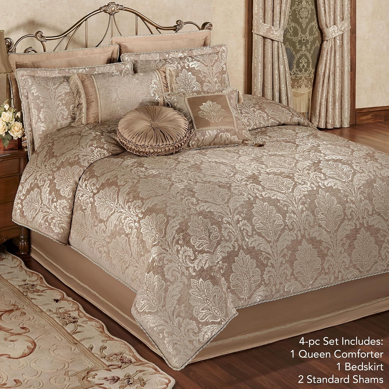 Touch of Class Camelot Luxury Bedding | Neutral Almond | Matte Satin Damask on Richly Textured Jacquard-Woven Chenille Design | 4 Piece Set Includes Queen Comforter, Bedskirt, and 2 Standard Shams
