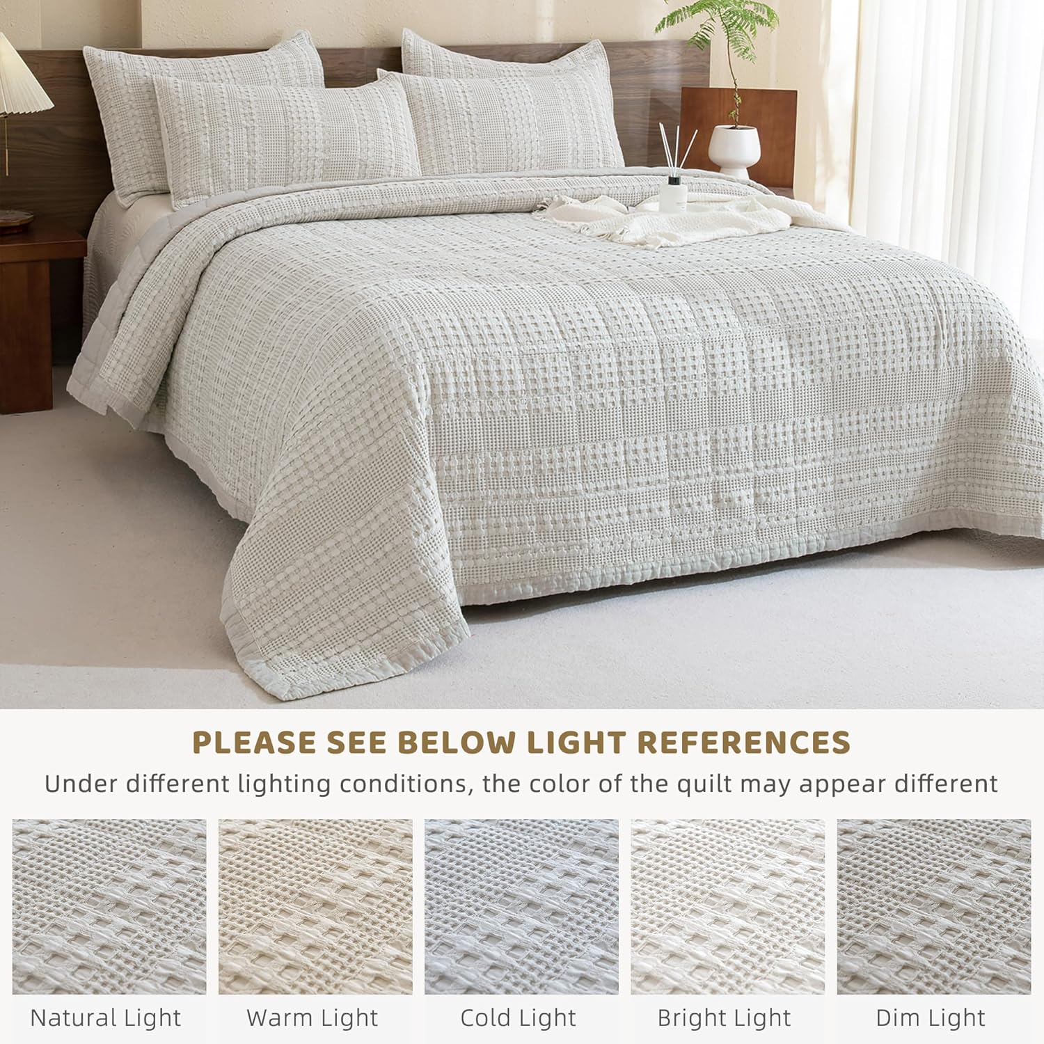 Sanracie Cotton Oversized Queen Bedspread (104 * 106'), Khaki Waffle Weave Quilt Set Farmhouse Shabby Boho Chic Bedding Coverlet Set All Season